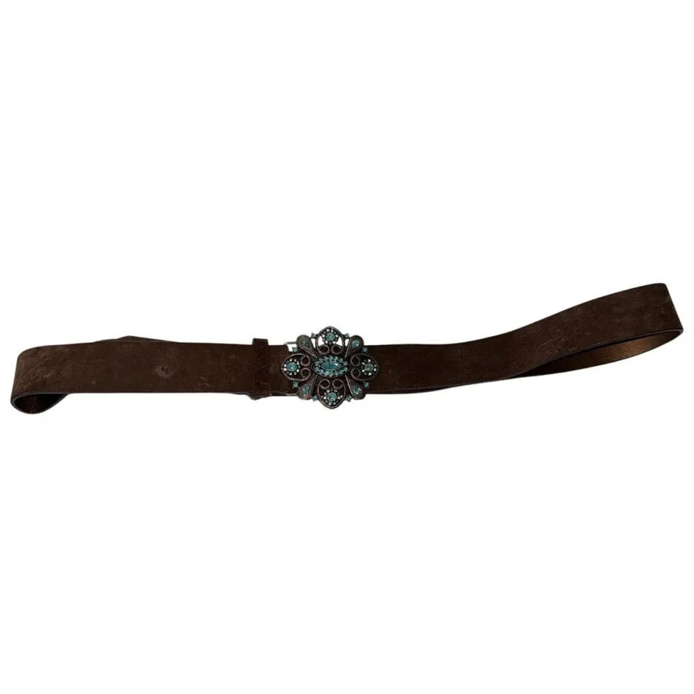 Lane Bryant Brown Genuine Leather Belt with Turquoise Floral Concho Buckle 18/20